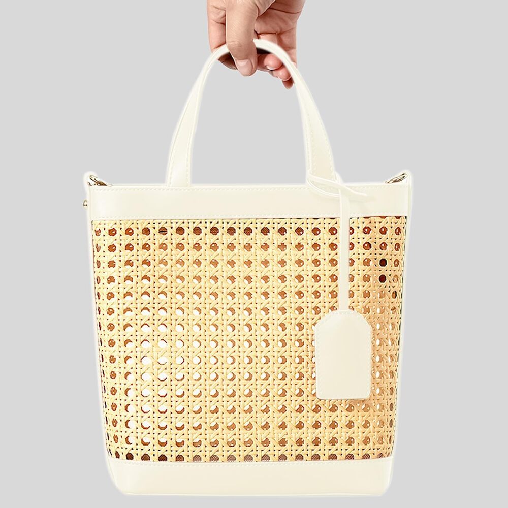 3842 Beach Bag, Bamboo Openwork Straw Bag Stitched Leather, With Adjustable - Picture 8 of 9